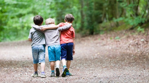 Three boys walking along a woodland trail at Hatchlands with their arms round each other.
